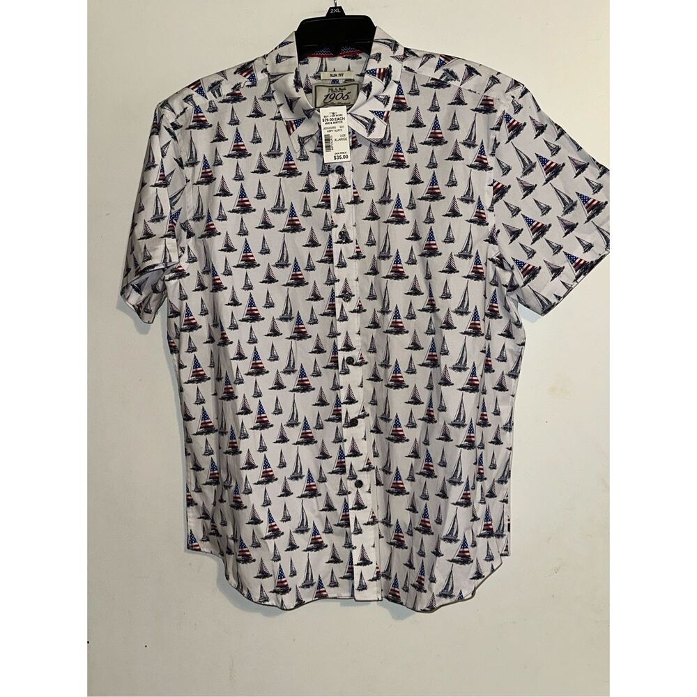Jos.A.Bank Button up short sleeve sail boats,American flag Men’s size XL Slim Fi